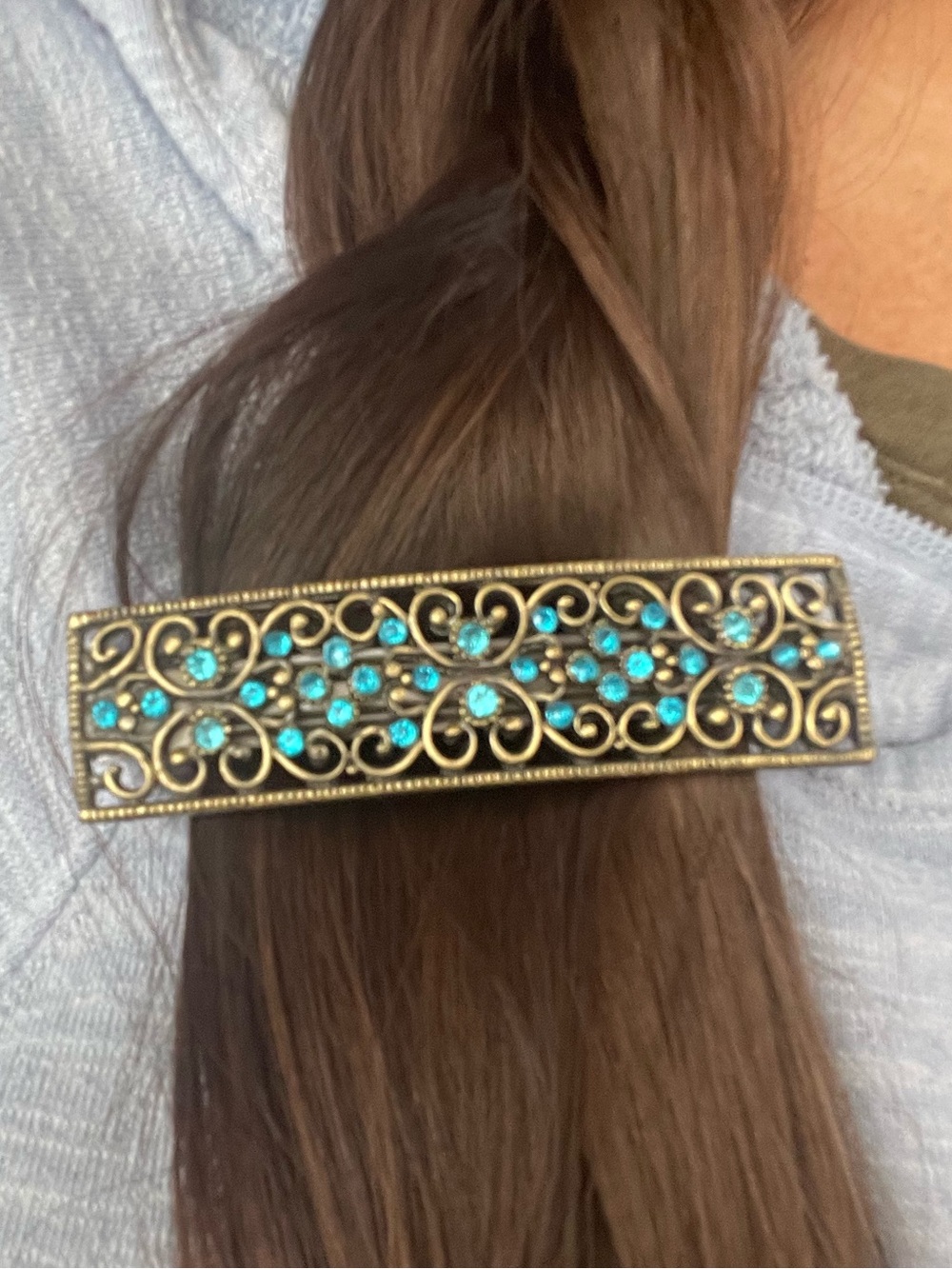 Vintage Blue Rhinestone Open Scrollwork Hair Barrette